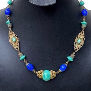 Art Deco MAX NEIGER Brothers Necklace Czech Peking Glass Brass Cobalt Blue Glass